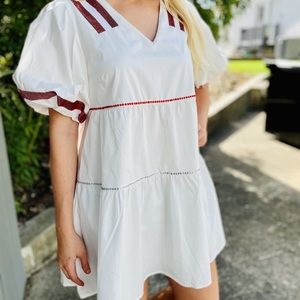 Queen of Sparkles - White & Red Poof Sleeve Jersey Dress